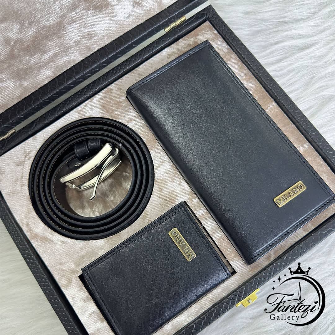 پک مردانه چرم کیف پول+کمربند+کیف کارتی