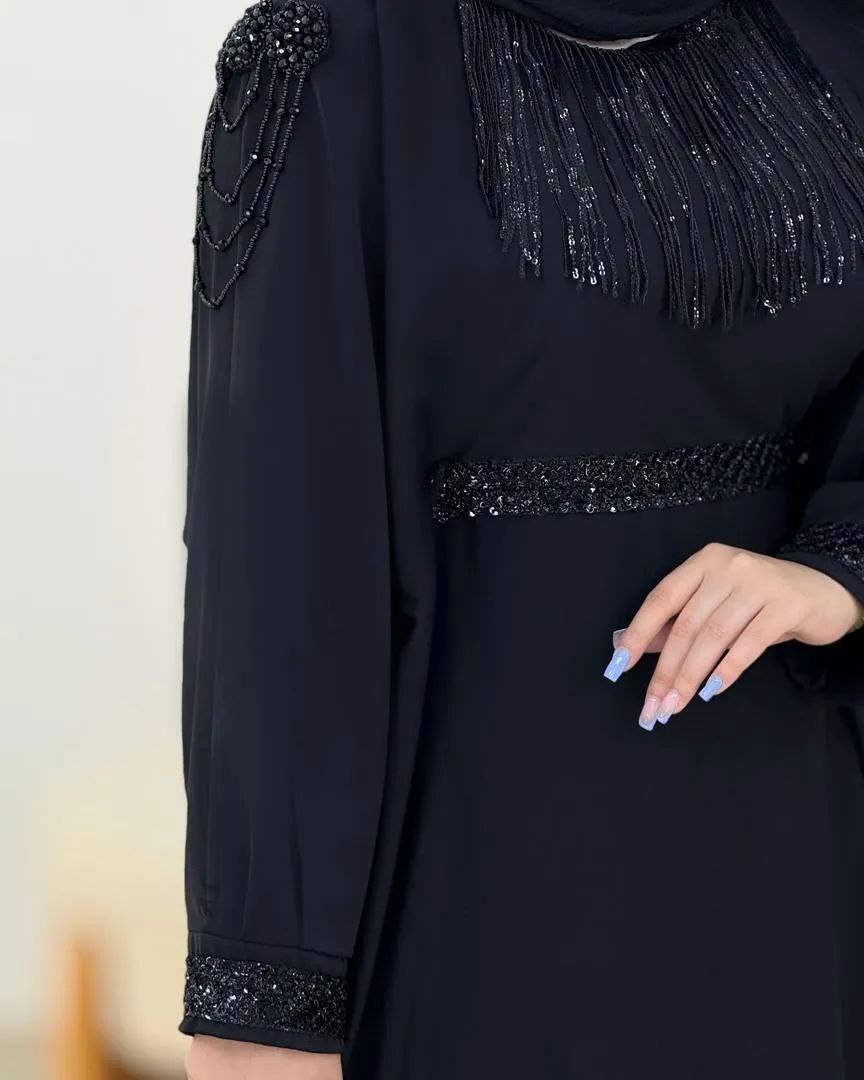 : عبایی سردوش دار مه لقا زنانه الیزه باکیفیت مشکی بند تنظیم سایز
