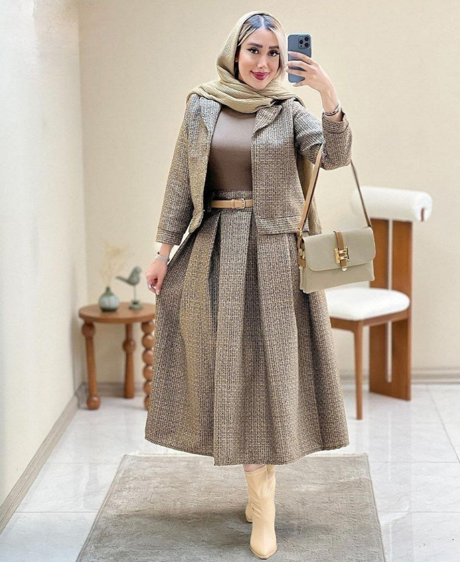 کت و دامن مدل چیکو 💞جنس : ریما 💞رنگ بندی : نسکافه ای 💞سایز ها : فری38_44 زنانه