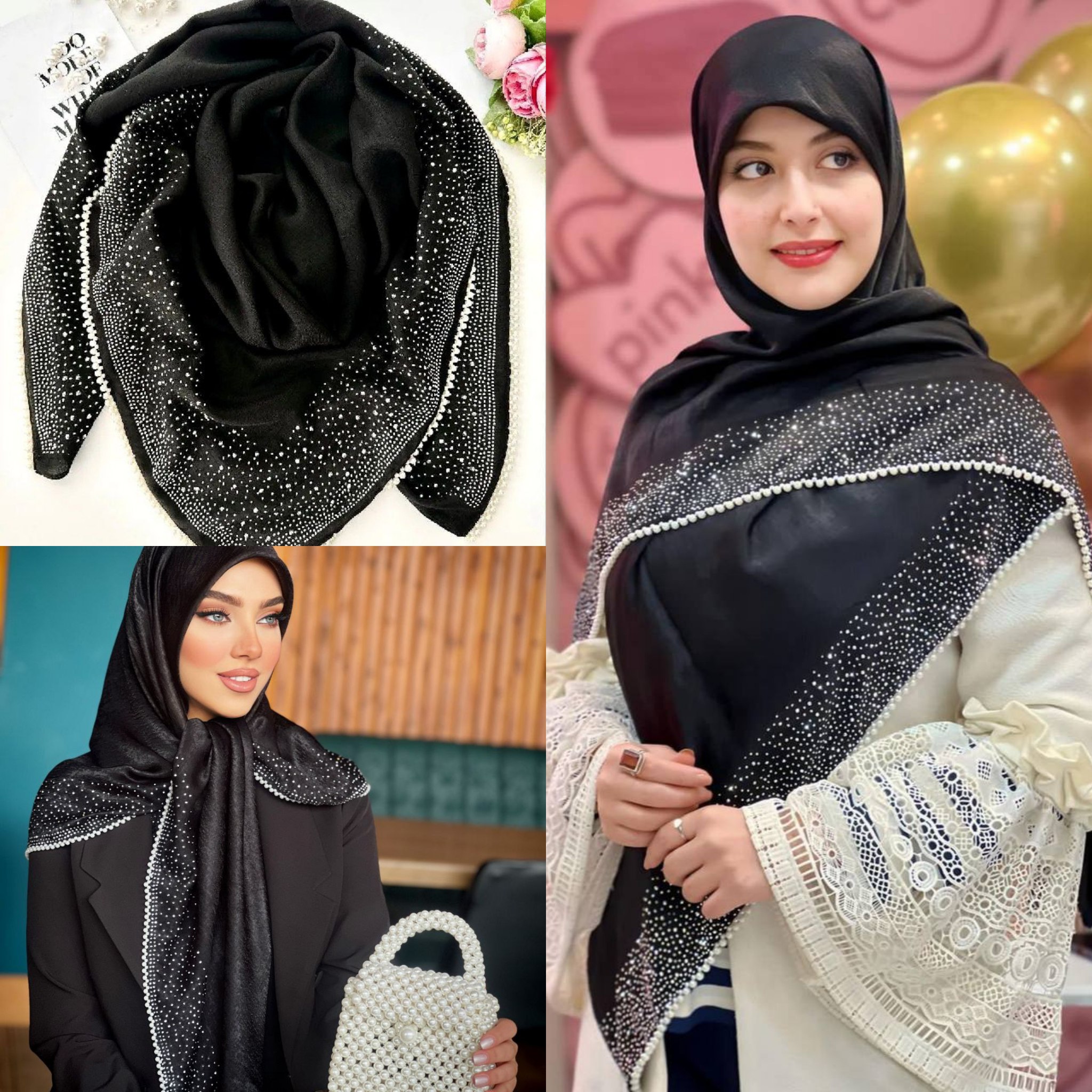 روسری نگین مروارید   وال اسلپ  نگین نقره ای مروارید سفید زنانه