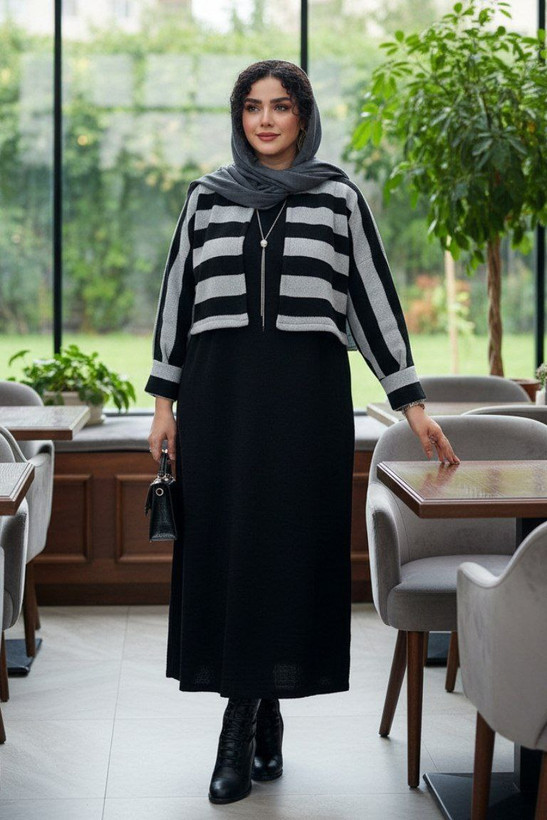 ست سارافون رویه راه راه زنانه بافت اکریل