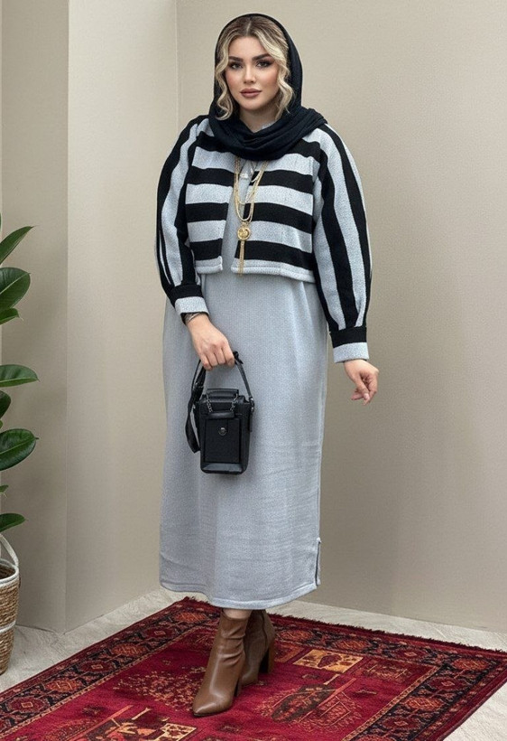 ست سارافون رویه راه راه زنانه بافت اکریل