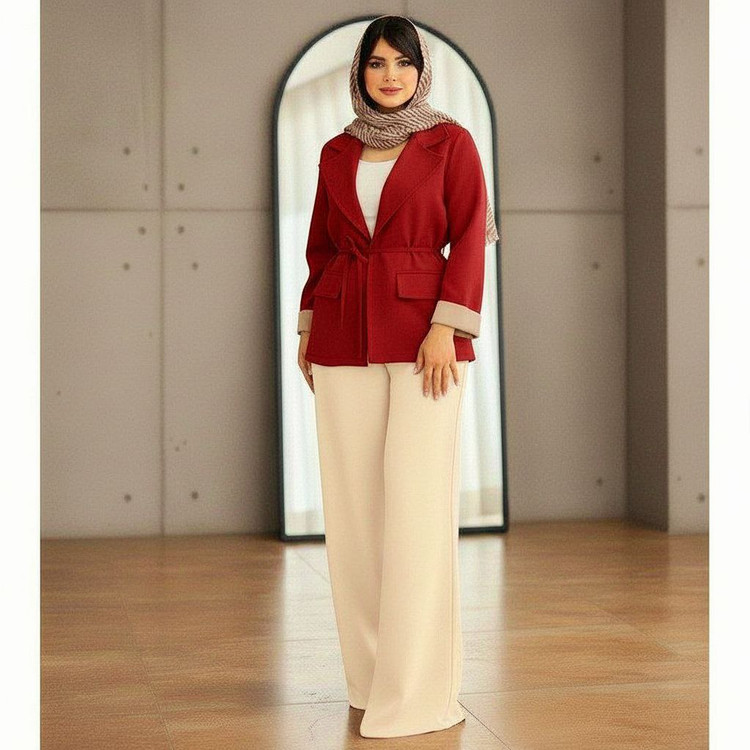 : کت شلوار ستایش 👚جنس : مازراتی گرم بالا سورمه.ایی , مشکی , کرم , اناری , کالباسی , سبز , 1 , 2 ,ارسال ۱۲ روز