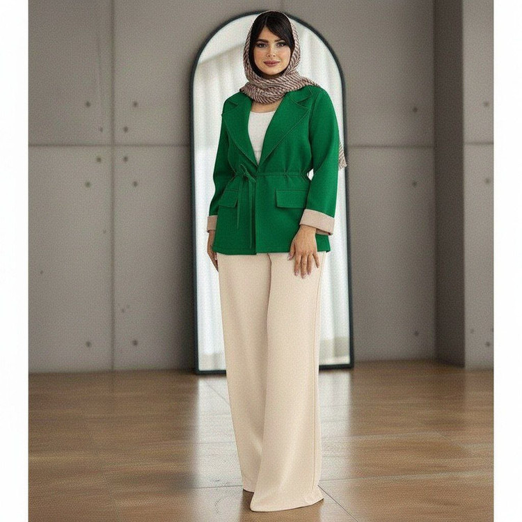 : کت شلوار ستایش 👚جنس : مازراتی گرم بالا سورمه.ایی , مشکی , کرم , اناری , کالباسی , سبز , 1 , 2 ,ارسال ۱۲ روز