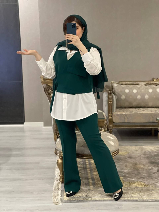 ست سه تیکه پاپیون 💞جنس : شانتون شومیز داکرون آبی, سبز,طوسی, کرم, نسکافه ای فری سایز زنانه