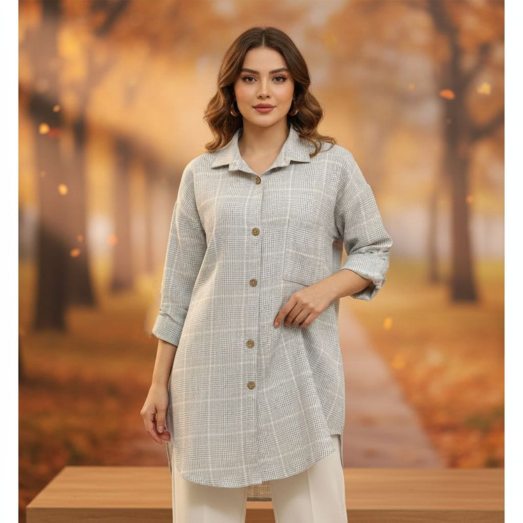 مانتو چهارخونه ریما جنس : ریما گرم بالا با کیفیت استخوانی, طوسی, طوسی تیره, کرم, نسکافه فری سایز زنانه