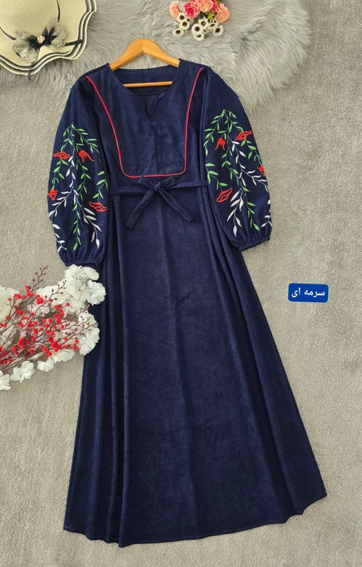 کفتان گلدوزی نازگل جنس : مخمل کبریتی ریز زرشکی, سبزیشمی, سرمه ای, طوسی, کرم, مشکی, موکا فری سایز زنانه