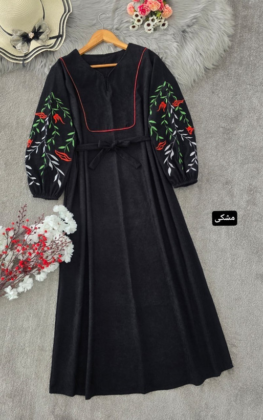 کفتان گلدوزی نازگل جنس : مخمل کبریتی ریز زرشکی, سبزیشمی, سرمه ای, طوسی, کرم, مشکی, موکا فری سایز زنانه