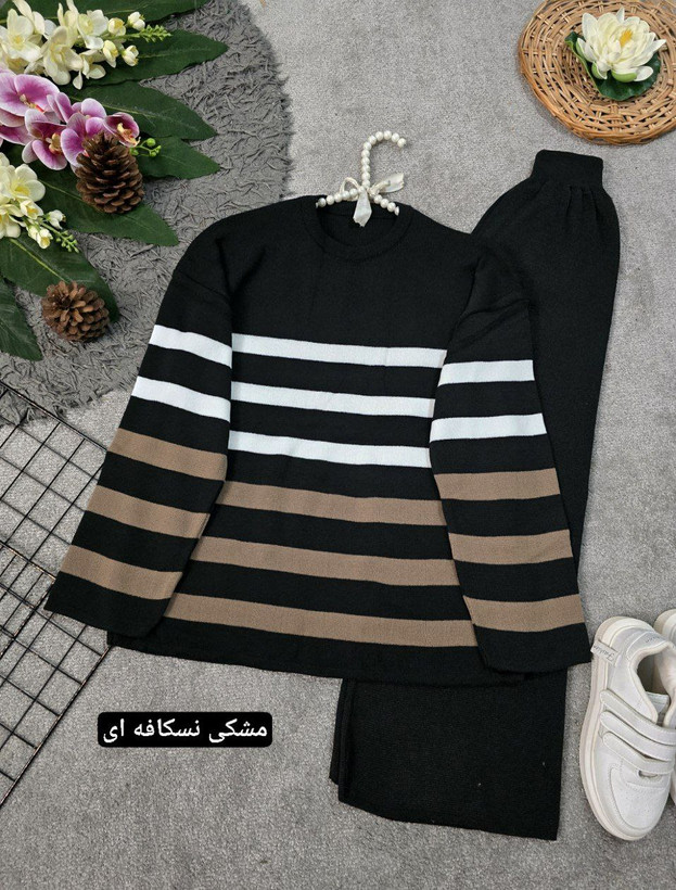 ست مهوش 💞جنس : بافت بسیار بسیار لطیف و ضخیم شکلاتی, سبز تیره, کرم, مشکی , مشکی نسکافه ای.سورمه ای فری سایز زنانه