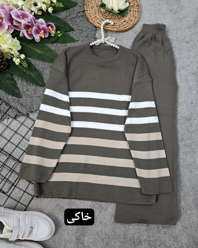 ست مهوش 💞جنس : بافت بسیار بسیار لطیف و ضخیم شکلاتی, سبز تیره, کرم, مشکی , مشکی نسکافه ای.سورمه ای فری سایز زنانه