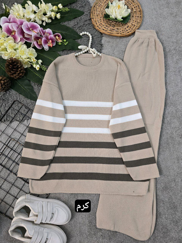 ست مهوش 💞جنس : بافت بسیار بسیار لطیف و ضخیم شکلاتی, سبز تیره, کرم, مشکی , مشکی نسکافه ای.سورمه ای فری سایز زنانه