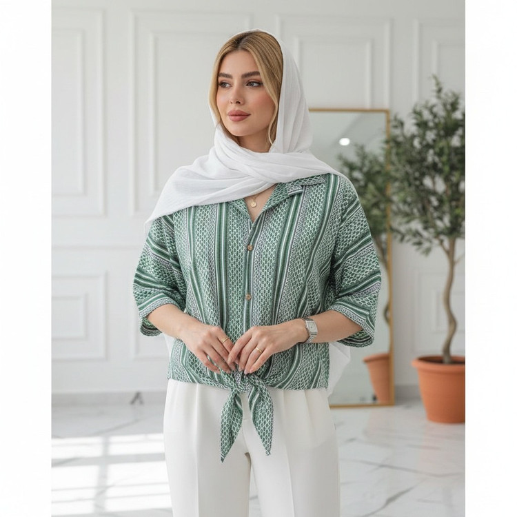 شومیز گره ای مهسا جنس : ژاکارد سبز روشن, سبزتیره, سرمه ای, طوسی, کرم فری سایز زنانه