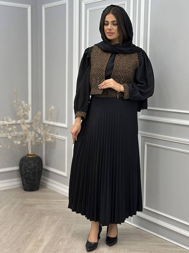 پیراهن و ژیله لوکس جنس : کرپ و تافته سبز, سفید, شکلاتی فری سایز زنانه