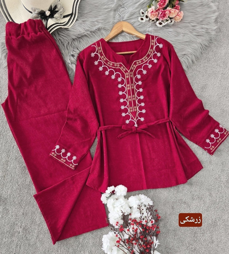 ست تونیک شلوار شرمین جنس : مخمل کبریتی ریز زرشکی, سبززیتونی, سبزیشمی, سرمه ای, طوسی, کرم, مشکی, موکا