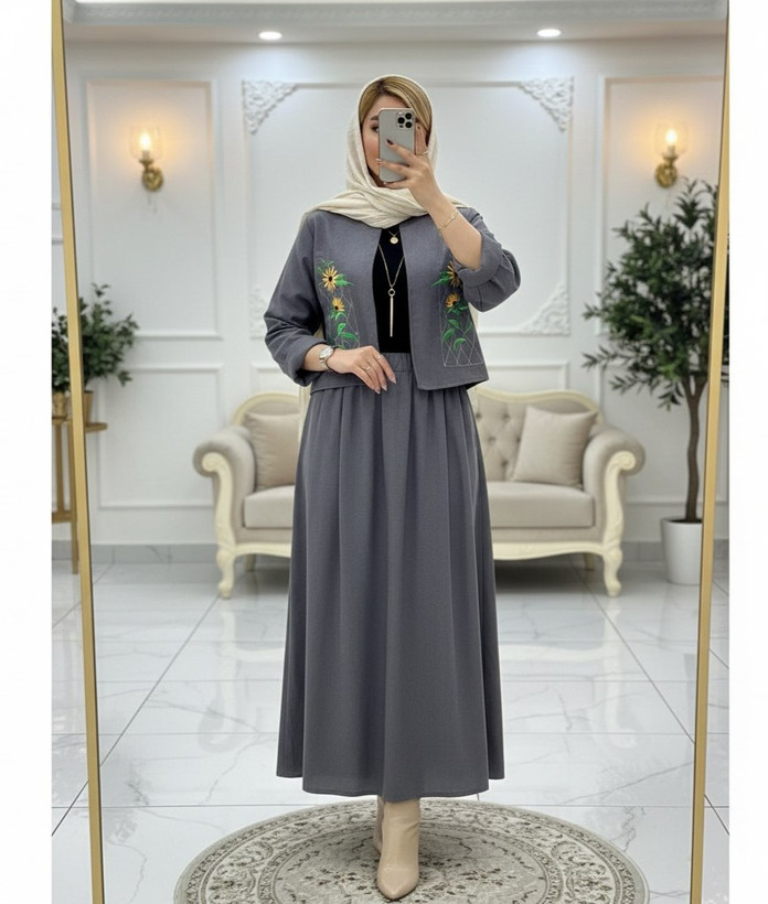 کت و دامن شیدا گلدوزی و مخمل کبریتی سبزیشمی, سرمه ای, طوسی, کرم, مشکی, موکا فری سایز زنانه