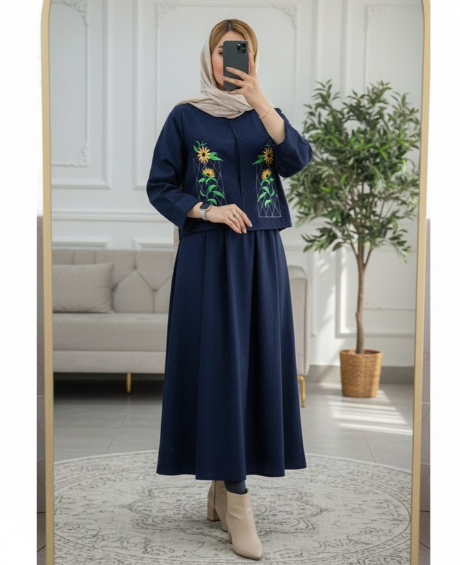 کت و دامن شیدا گلدوزی و مخمل کبریتی سبزیشمی, سرمه ای, طوسی, کرم, مشکی, موکا فری سایز زنانه