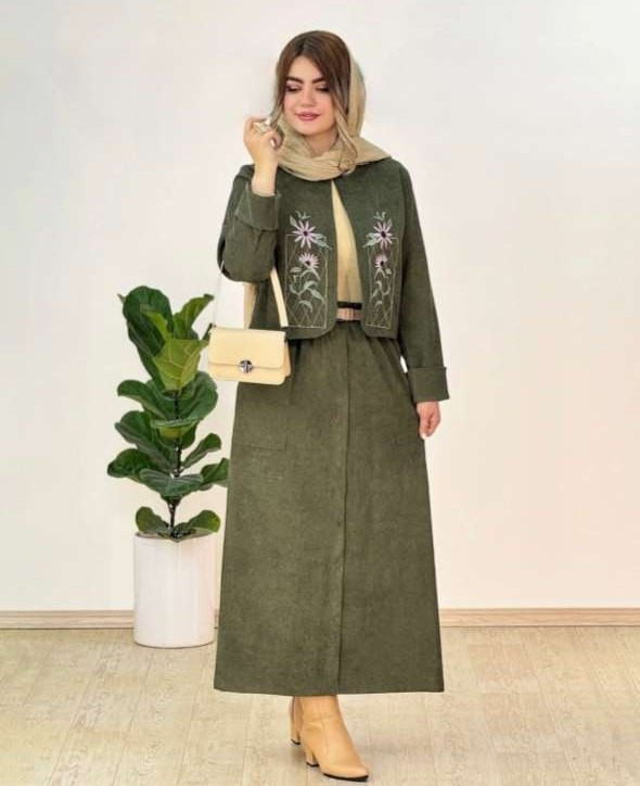 کت و دامن شیدا گلدوزی و مخمل کبریتی سبزیشمی, سرمه ای, طوسی, کرم, مشکی, موکا فری سایز زنانه