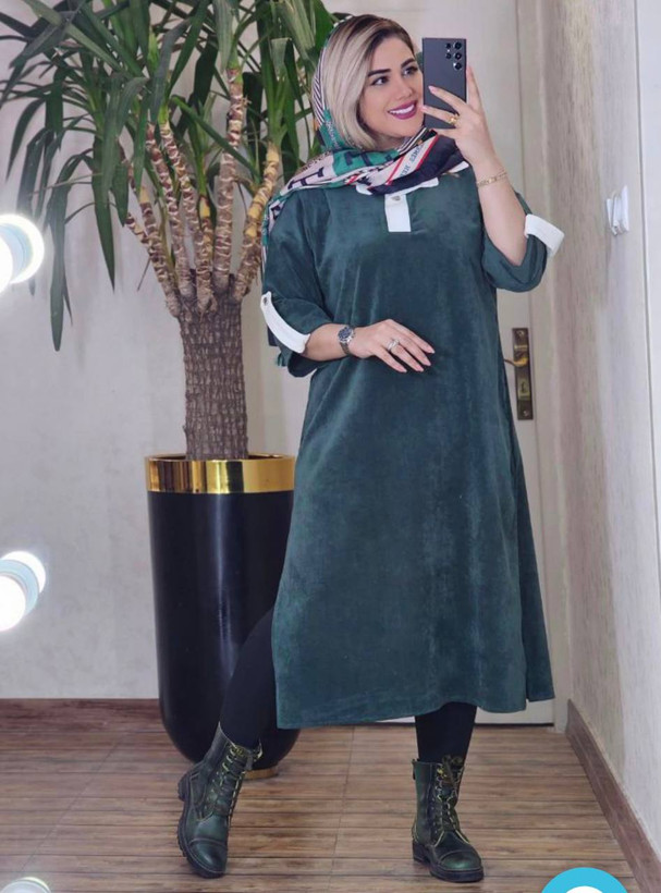 پیراهن مخمل 9898 جنس : مخمل کبریتی سبز, کله غازی فری سایز زنانه