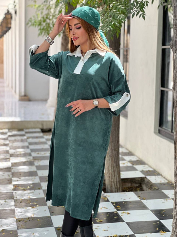 پیراهن مخمل 9898 جنس : مخمل کبریتی سبز, کله غازی فری سایز زنانه