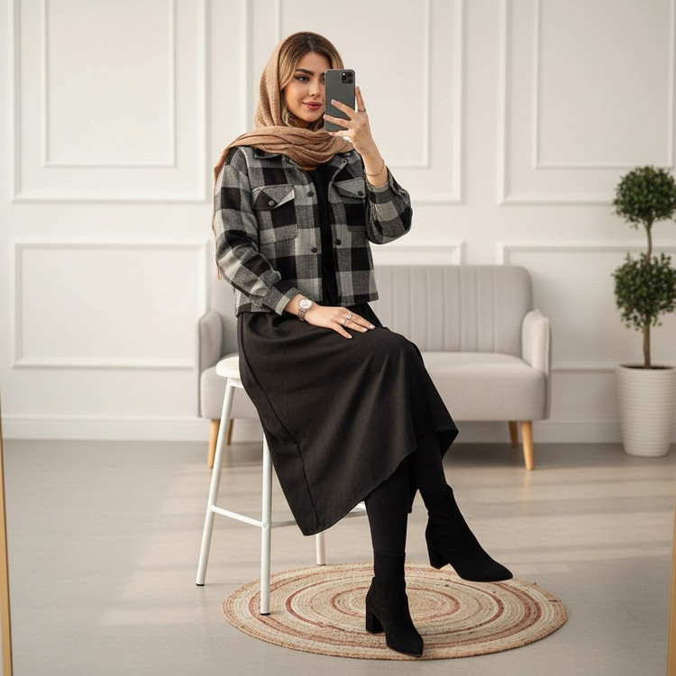 کت و سارافون آیدا جنس : کت پشمی و سارافون مخمل کبریتی : طوسی مشکی فری سایز زنانه