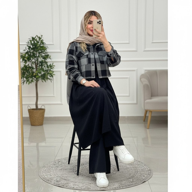 کت و سارافون آیدا جنس : کت پشمی و سارافون مخمل کبریتی : طوسی مشکی فری سایز زنانه