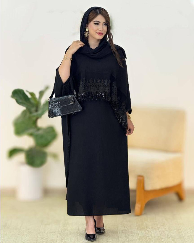 ست پیراهن رویه دار فاخر جنس : ابروبادی مشکی, طلایی فری سایز زنانه