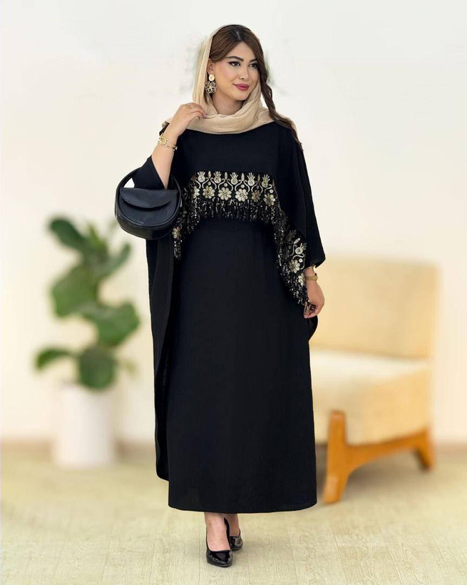 ست پیراهن رویه دار فاخر جنس : ابروبادی مشکی, طلایی فری سایز زنانه