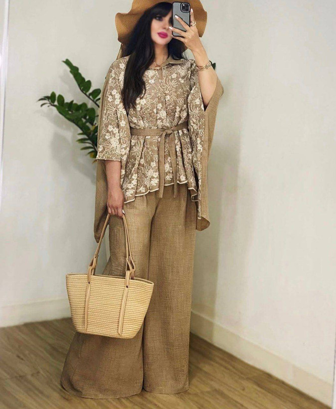 : ست پانچ و شلوار بهار جنس : شانتون +نخ قیطون دوزی مشکی, نسکافه ای, استخوانی فری سایز زنانه