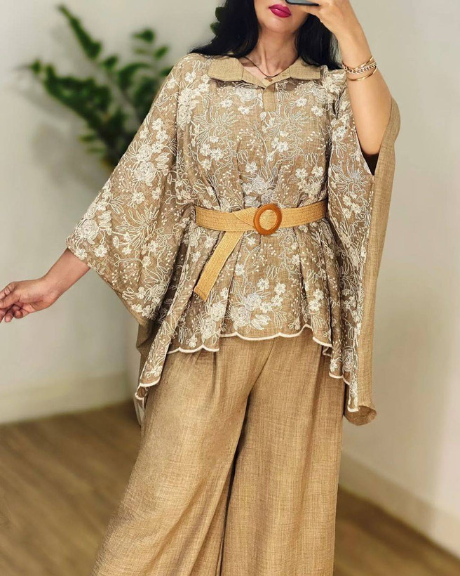 : ست پانچ و شلوار بهار جنس : شانتون +نخ قیطون دوزی مشکی, نسکافه ای, استخوانی فری سایز زنانه