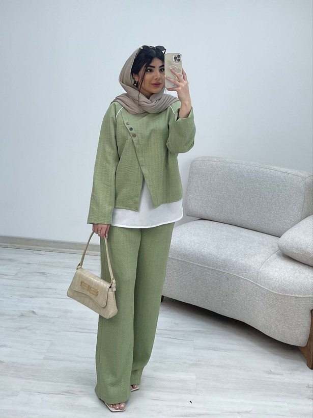 ست شومیزشلوار درسا جنس : شانتون آبی, استخوانی, پسته ای, سبز, کالباسی, گندمی, مشکی, نسکافهای فری سایز زنانه