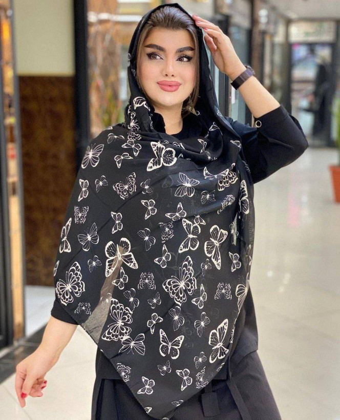 شال بهاران جنس : تمام نخ سفید پروانه ای, مشکی پروانه ای