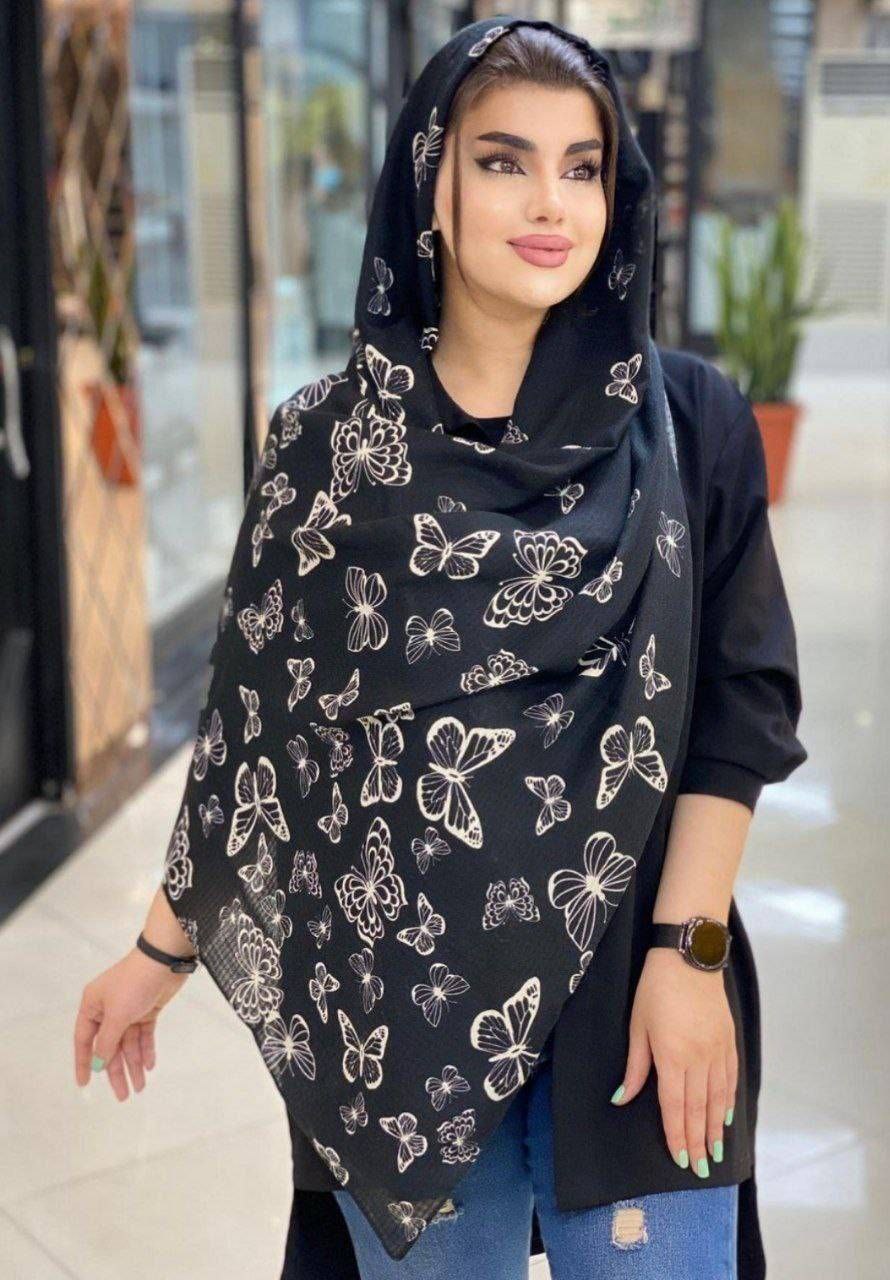 شال بهاران جنس : تمام نخ سفید پروانه ای, مشکی پروانه ای