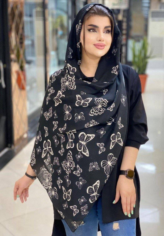 شال بهاران جنس : تمام نخ سفید پروانه ای, مشکی پروانه ای