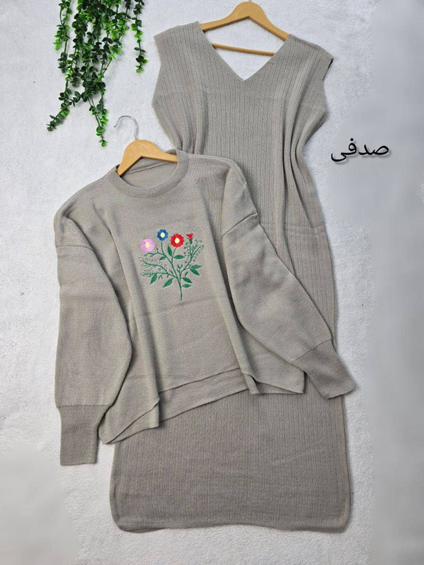 ست سارافون و بلوز گلی جنس : بافت درجه یک صدفی, طوسی تیره, مشکی فری سایز زنانه