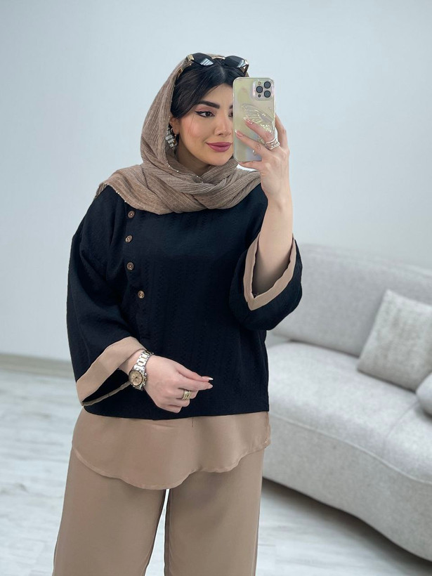 شومیزشلوار گلشید جنس : شانتون آبی, استخوانی, پستهای, سبز, کالباسی, گندمی, مشکی, نسکافهای فری سایز زنانه
