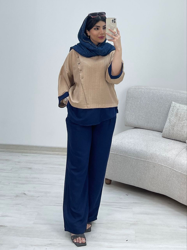 شومیزشلوار گلشید جنس : شانتون آبی, استخوانی, پستهای, سبز, کالباسی, گندمی, مشکی, نسکافهای فری سایز زنانه