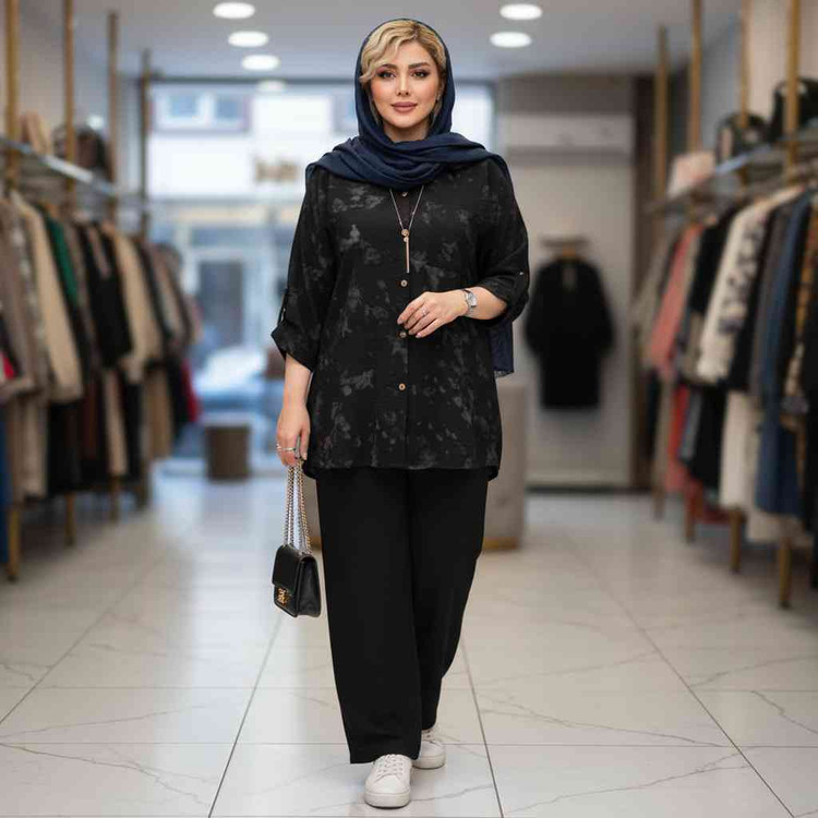 ست مانتو شلوار گازوئیلی جنس : شانتون سبزسدری, کرم, مشکی, موکا شلوار مشکی, نسکافه ای فری سایز زنانه