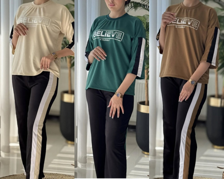 ست تیشرت شلوار BELIEVE جنس : گلکسی نخ پنبه با کیفیت سدری, طوسی, کرم, نسکافه, یشمی فری سایز زنانه