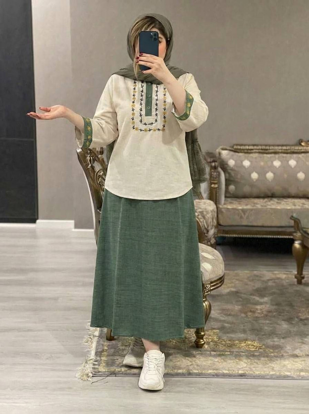 شومیز و دامن ژیوا جنس : لنین و شانتون باکیفیت : سبز, سرمه ای, کرم نسکافه ای, مشکی, نسکافه ای فری سایز زنانه