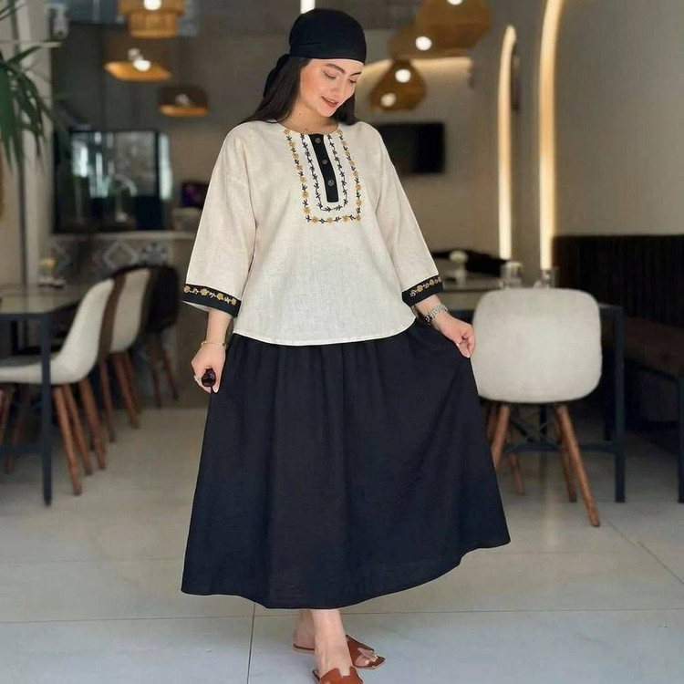 شومیز و دامن ژیوا جنس : لنین و شانتون باکیفیت : سبز, سرمه ای, کرم نسکافه ای, مشکی, نسکافه ای فری سایز زنانه