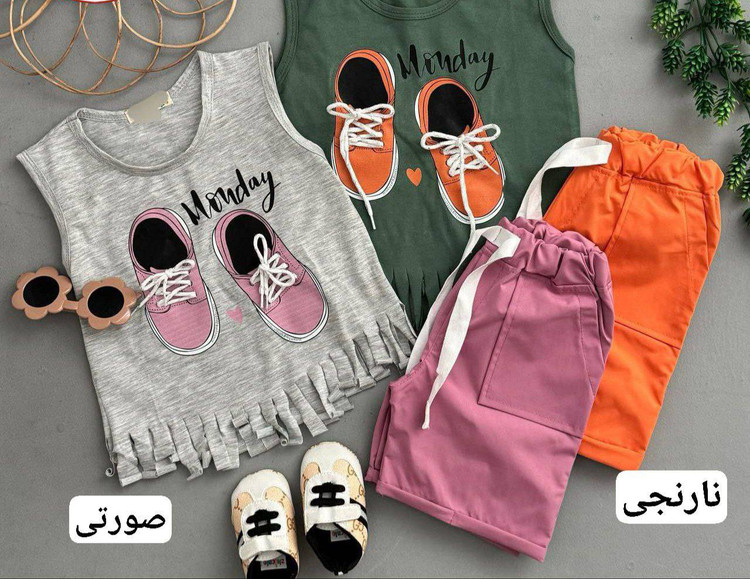 ست طرح کفش جنس : تاب پنبه شلوار تی سی صورتی, فیروزه ای, لیمویی, نارنجی سایزبندی بچگانه