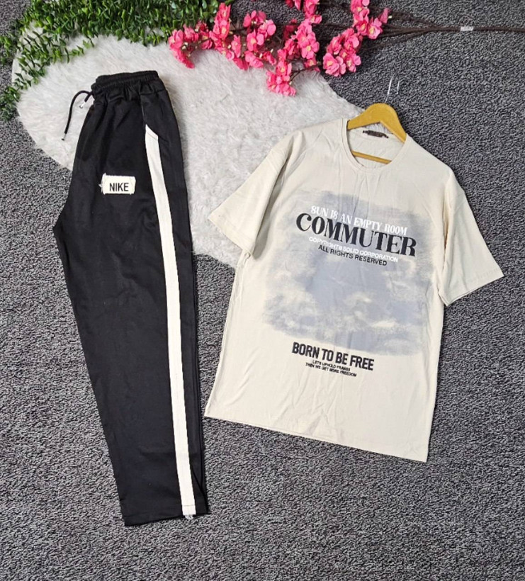 ست مردانه commuter جنس : تیشرت پنبه سوپر اعلا شلوار تک نوار مشکی, کرم, سرمه, یشمی سایزبندی