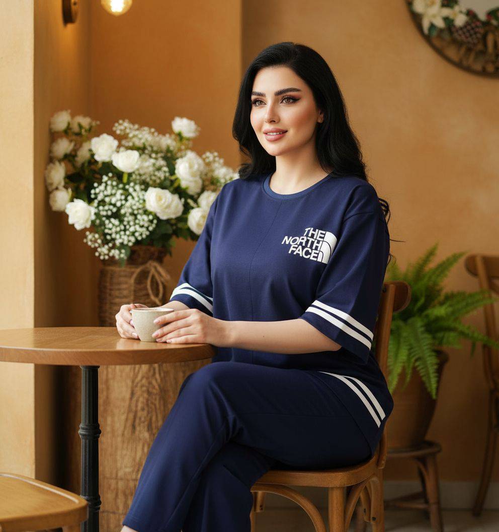 ست تیشرت شلوار North face جنس : گلکسی نخ پنبه با کیفیت آبی, مشکی, سرمه ای, کرم, شکلاتی, سدری فری سایز زنانه