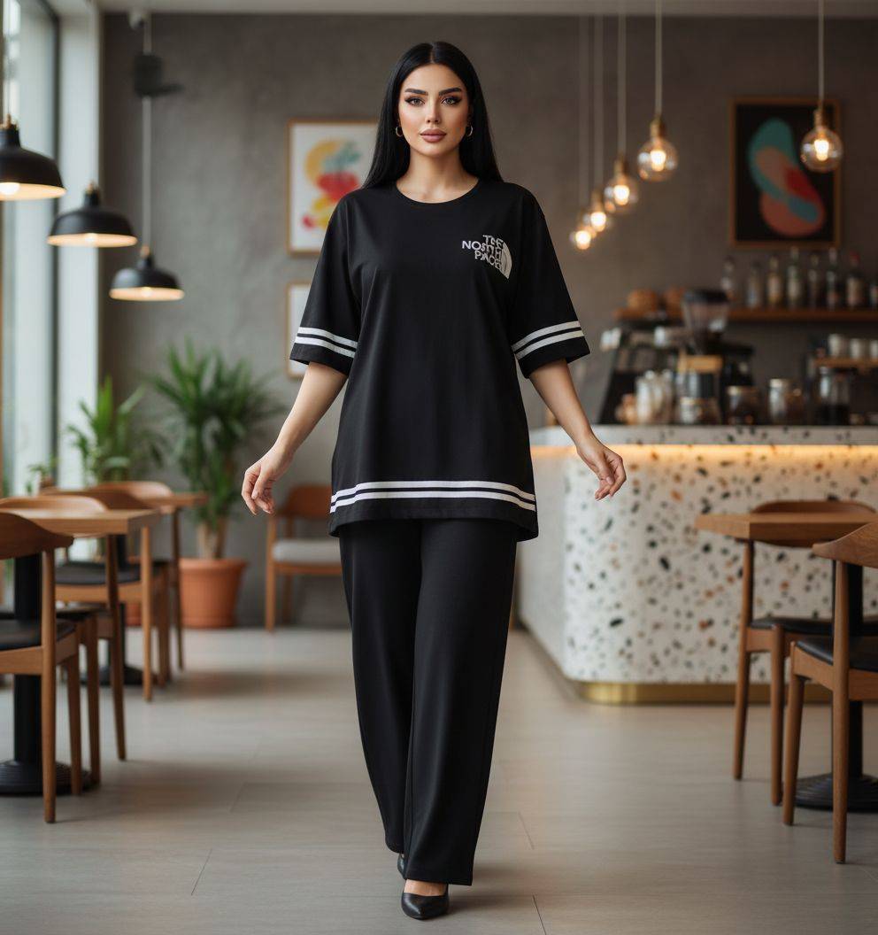 ست تیشرت شلوار North face جنس : گلکسی نخ پنبه با کیفیت آبی, مشکی, سرمه ای, کرم, شکلاتی, سدری فری سایز زنانه