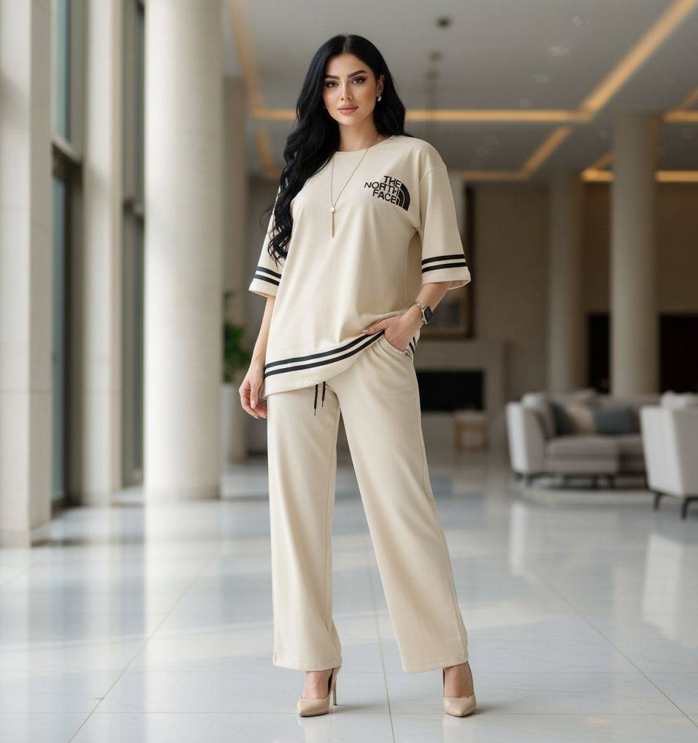 ست تیشرت شلوار North face جنس : گلکسی نخ پنبه با کیفیت  آبی, مشکی, سرمه ای, کرم, شکلاتی, سدری فری سایز زنانه