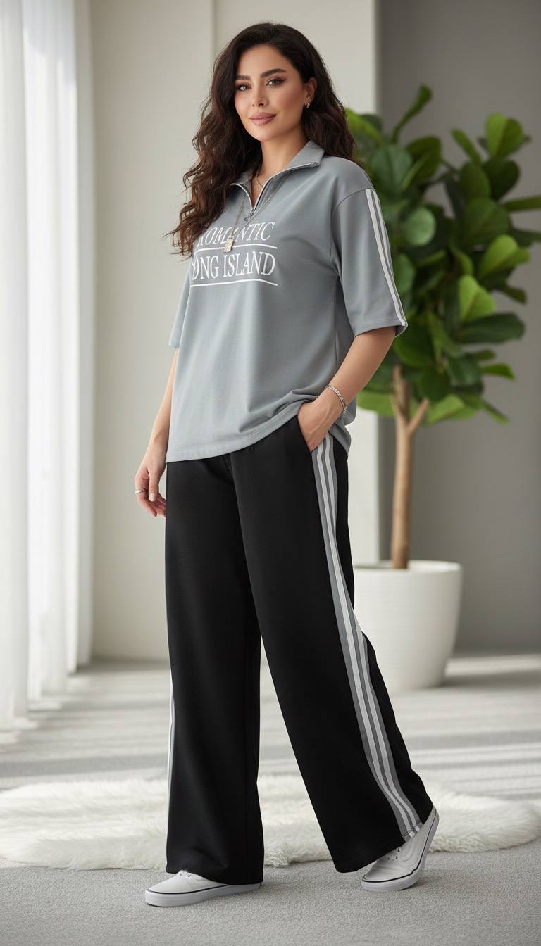 ست دو تیکه (تیشرت + شلوار )Romantic جنس : گلکسی پنبه کالباسی, مشکی, طوسی, کرم, کاربنی, سرخابی, زرد فری سایز زنانه