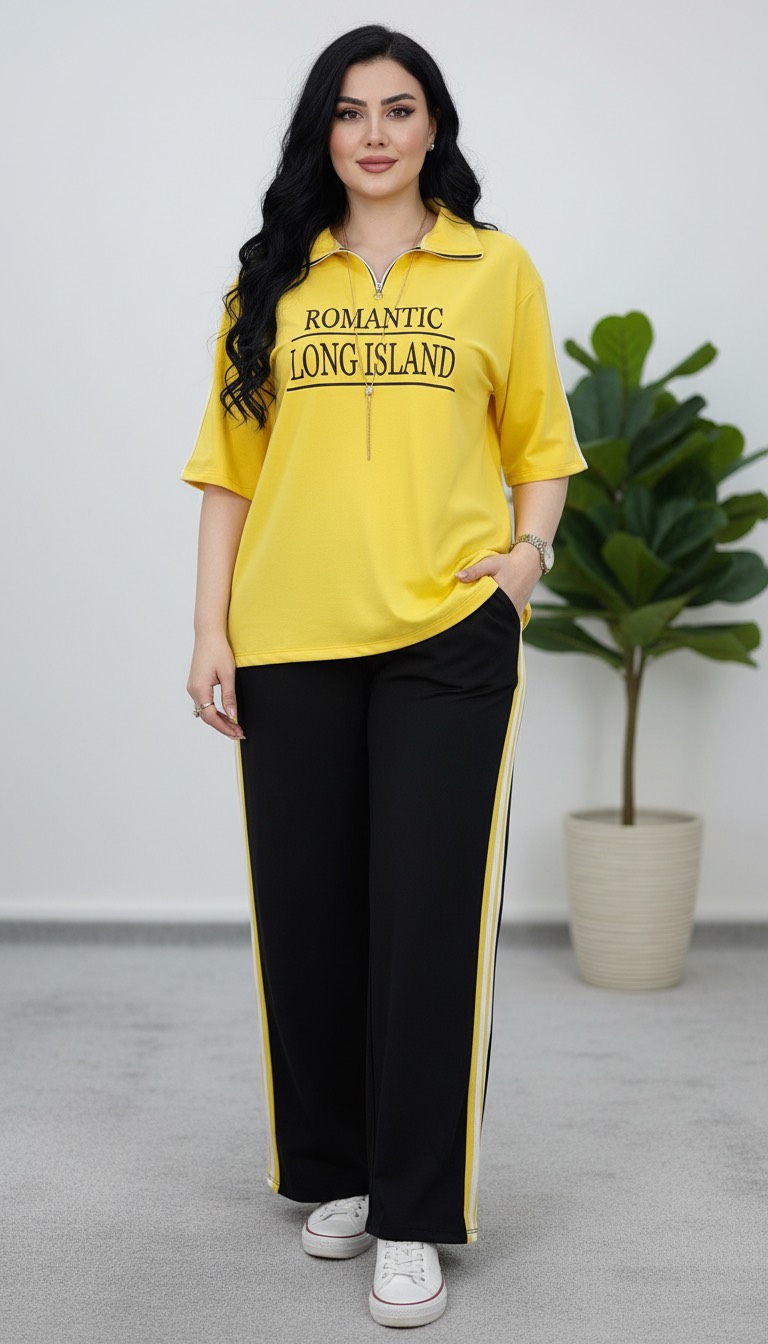 ست دو تیکه (تیشرت + شلوار )Romantic جنس : گلکسی پنبه کالباسی, مشکی, طوسی, کرم, کاربنی, سرخابی, زرد فری سایز زنانه