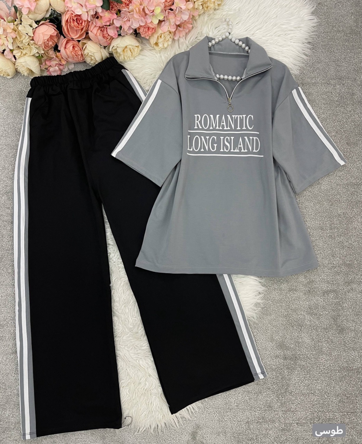 ست دو تیکه (تیشرت + شلوار )Romantic جنس : گلکسی پنبه کالباسی, مشکی, طوسی, کرم, کاربنی, سرخابی, زرد فری سایز زنانه