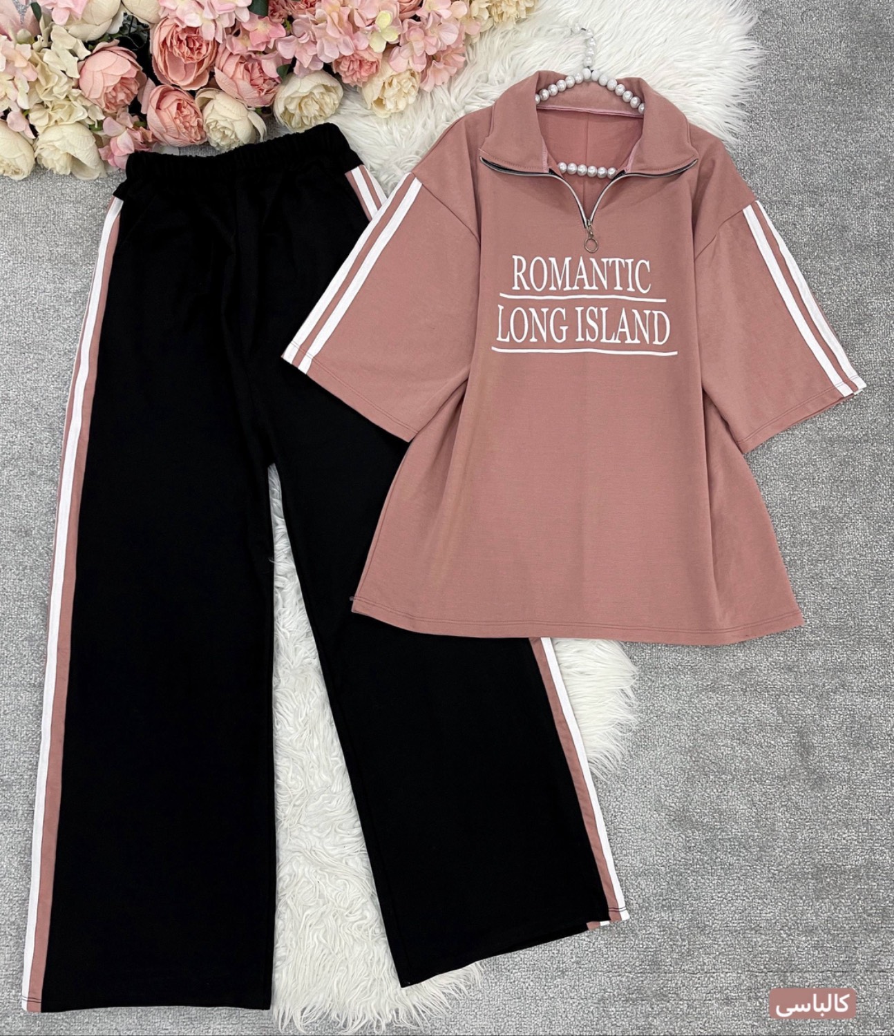 ست دو تیکه (تیشرت + شلوار )Romantic جنس : گلکسی پنبه کالباسی, مشکی, طوسی, کرم, کاربنی, سرخابی, زرد فری سایز زنانه