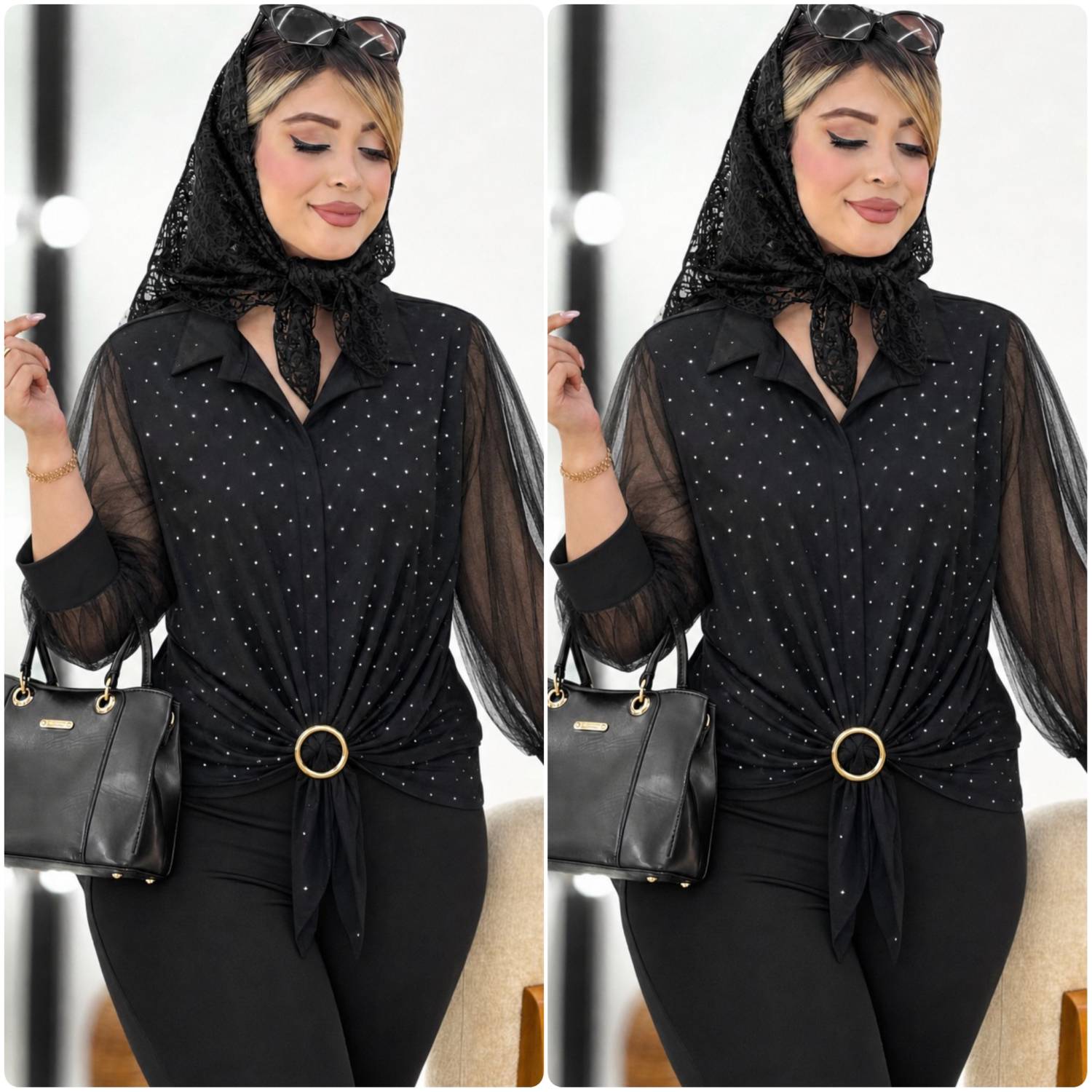 شومیز مجلسی دلنواز جنس : الیزه درجه یک نگین کاری و تور باکیفیت مشکی فری سایز زنانه